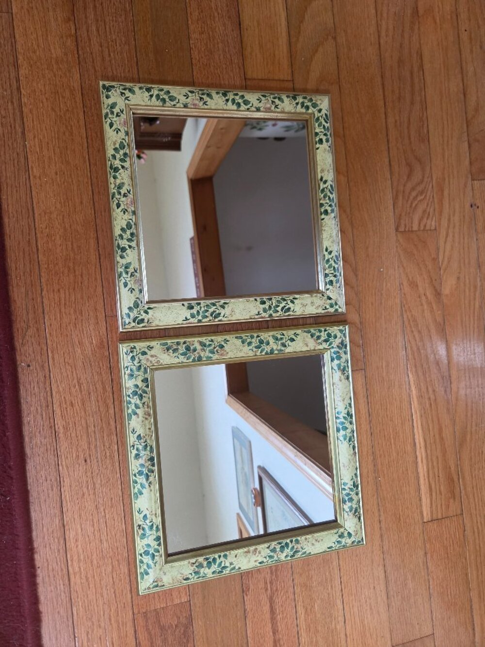 set of two decorative mirrors with floral border 10x10
